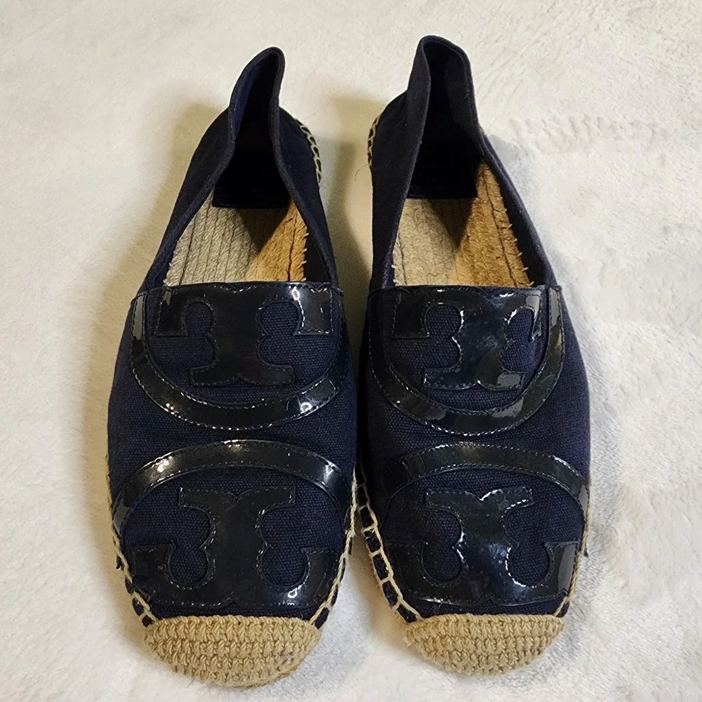 Tory Burch Poppy Canvas Espadrille Logo Slip On Shoes- Navy, Women's Size 9.5M